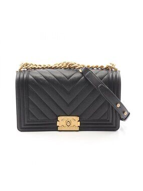 Chanel Shoulder Bag Boy Chevron Stitch Black Caviar Leather Boy Chain